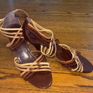 New York Transit Brown and Tan Strappy Heels Size 8.5